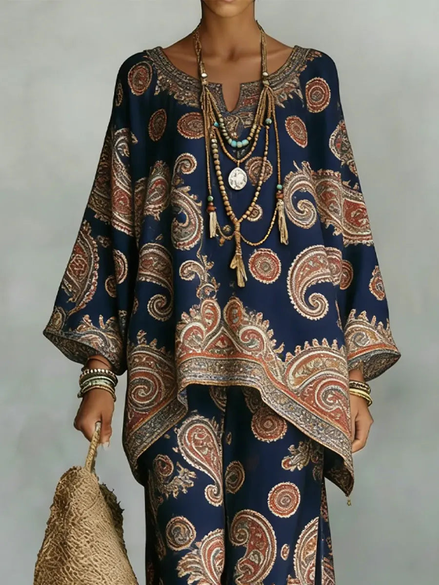 Women's Vintage Ethnic Art Comfortable Loose Cotton Linen Wide-leg Pants Two-piece Set
