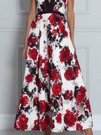 Deep V-Neck Contrast Trim Floral Print A-Line Midi Dress