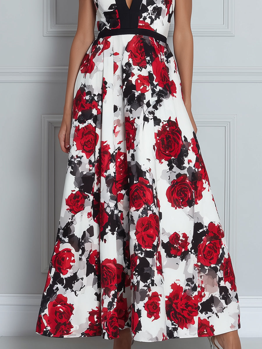 Deep V-Neck Contrast Trim Floral Print A-Line Midi Dress