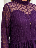 Purple Lace Midi Dress, Mock Neck Sheer 3/4 Sleeve Elastic Waist Slimming Swing Dress for Mature Women