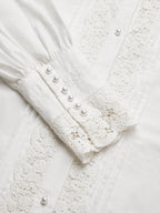 Linen Shirt, Long Sleeves, Stand Collar, Plain, Lace, Vintage, Ivory