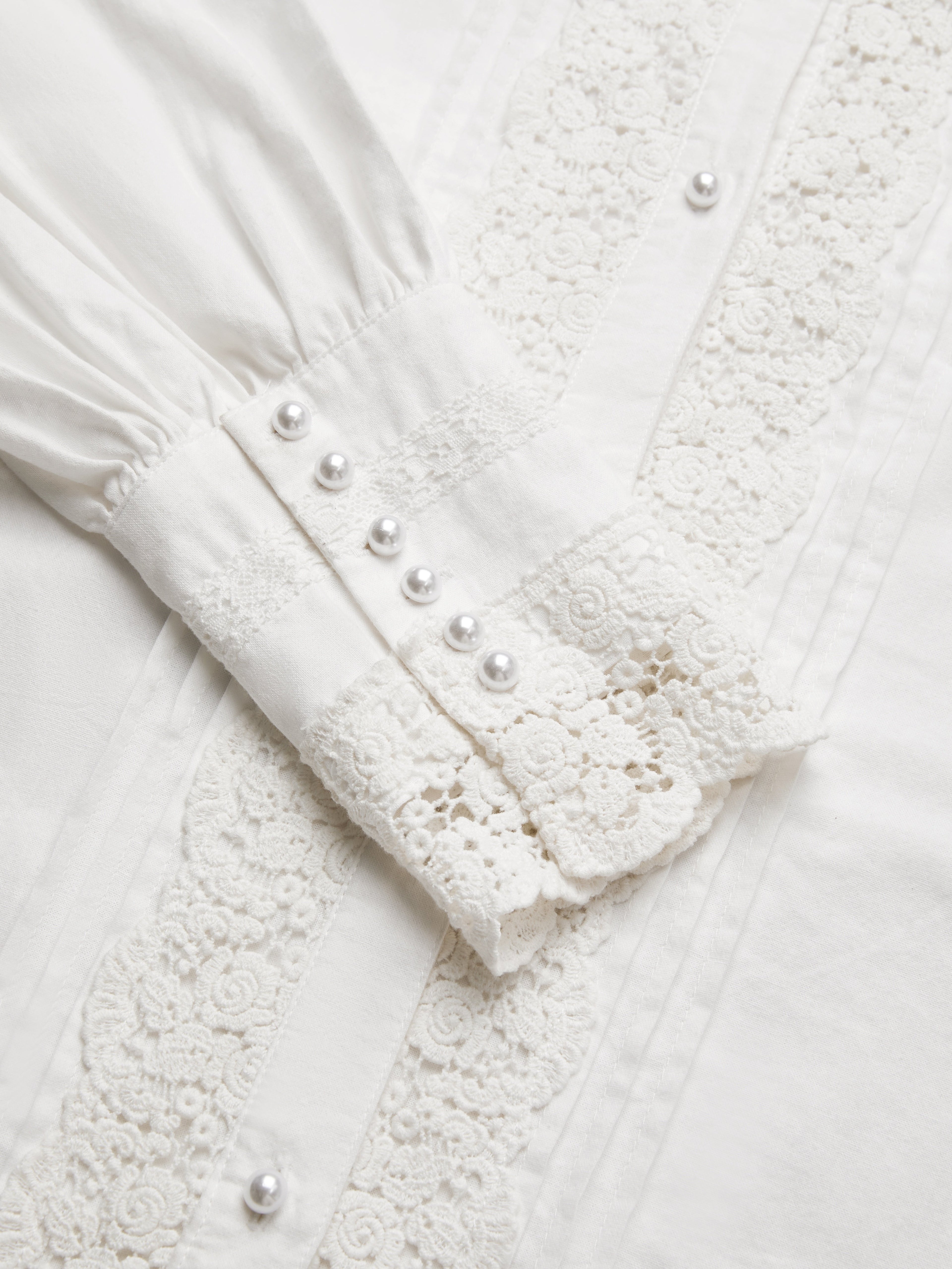 Linen Shirt, Long Sleeves, Stand Collar, Plain, Lace, Vintage, Ivory
