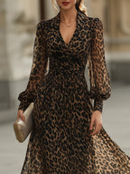 Leopard Print Wrap Midi Dress With Long Sleeves