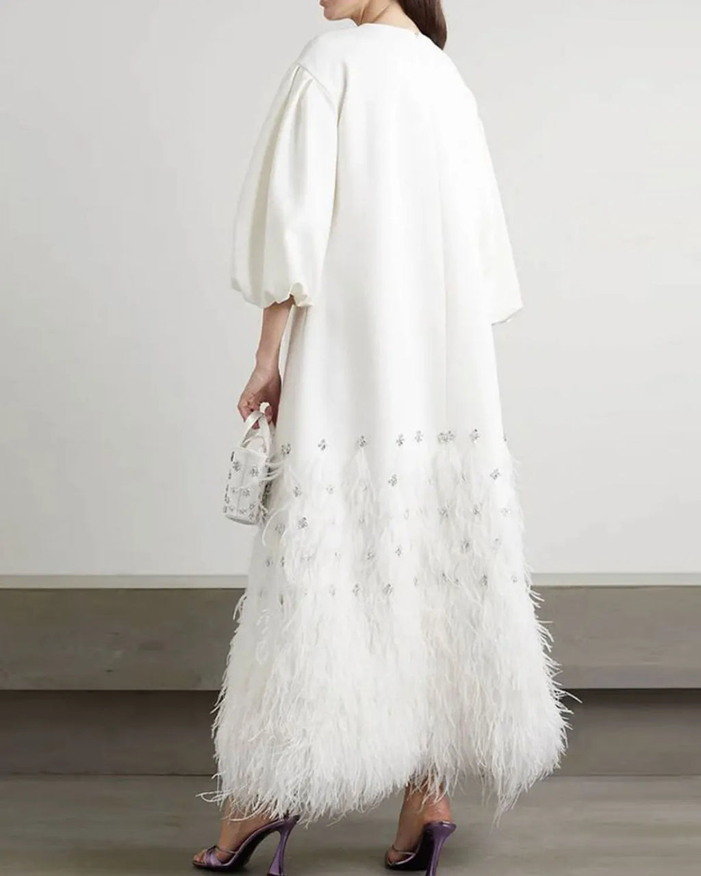 Feather-Trimmed Embellished Recycled-Crepe Gown