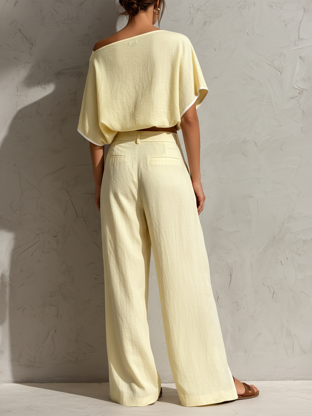 Butter Yellow Linen-Blend Off-Shoulder Top & Split Hem Wide-Leg Pants Set