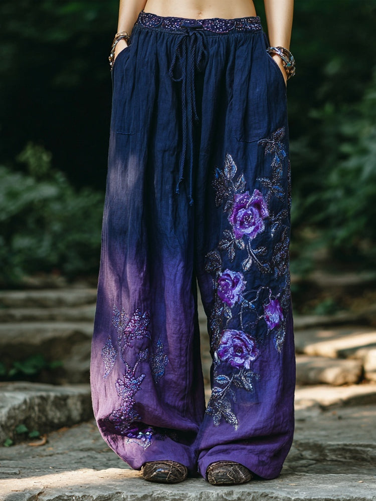 Vintage Purple Roses Embroidered Gradient Linen Trousers