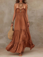 Bohemian Cotton-Linen Halter Tiered Maxi Dress