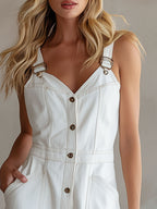 Casual Retro White Denim Sleeveless Shorts Jumpsuit