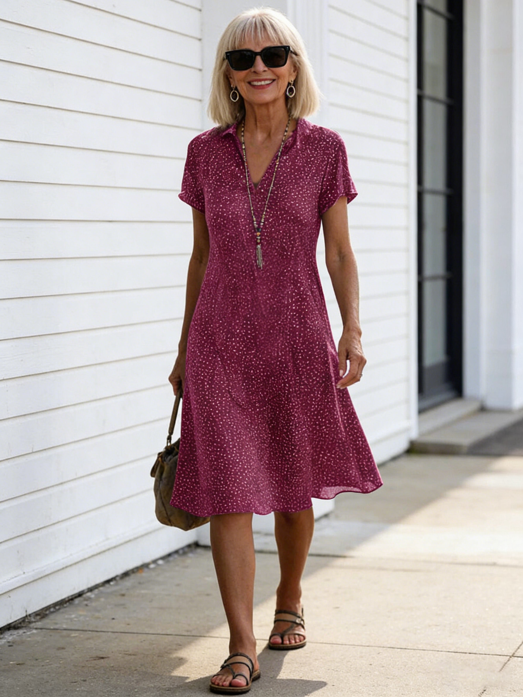 Women Polka Dots Shirt Collar Short Sleeve Comfy Casual Midi Dress