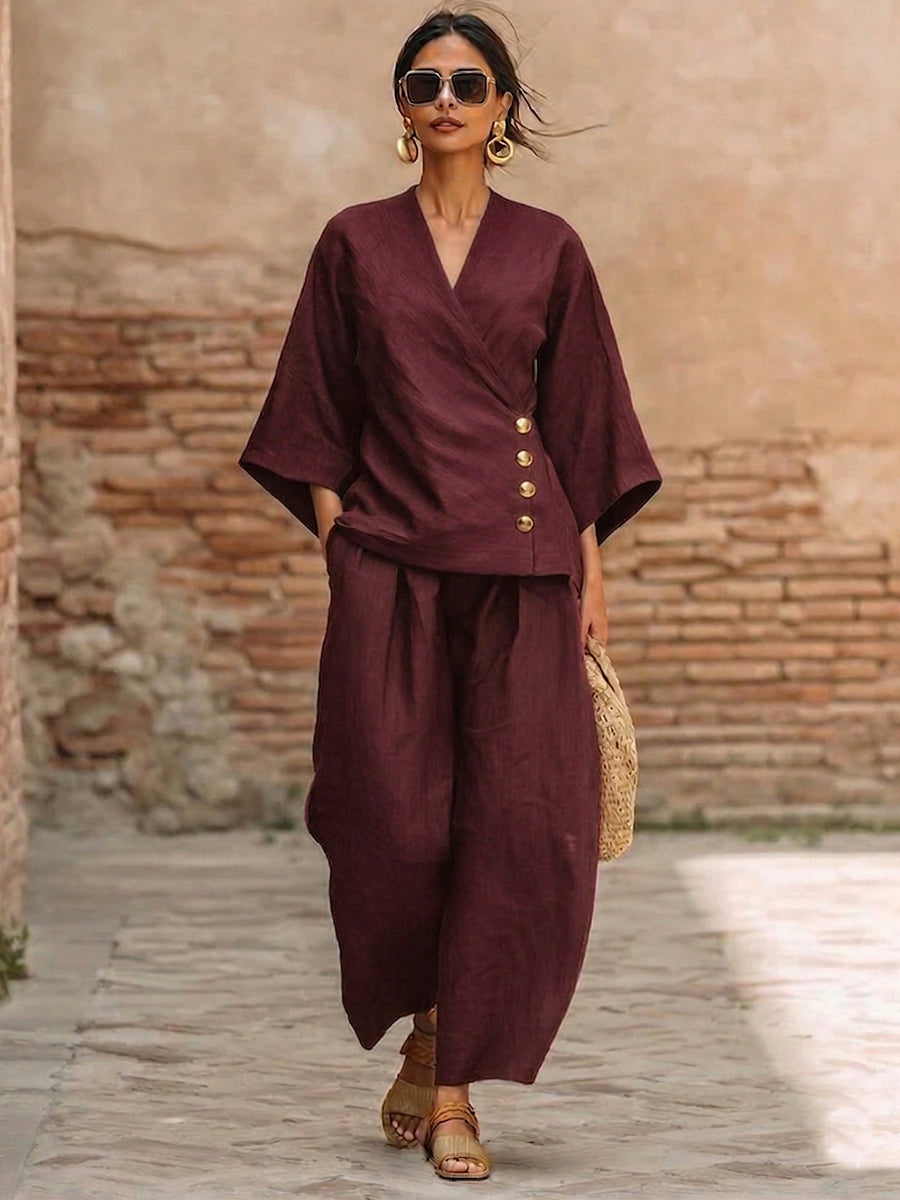 Minimalist & Elegant Metal Buttons Cotton-linen Two-piece Set