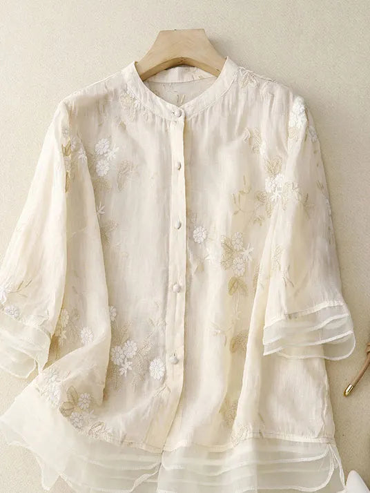 Shirt Yarn Picking Embroidery Shirt Temperament Splicing Organza Top