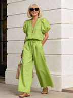 2Pcs Women's Casual Loose Solid Color Zipper Round Neck Wide-leg Pants Suit Women