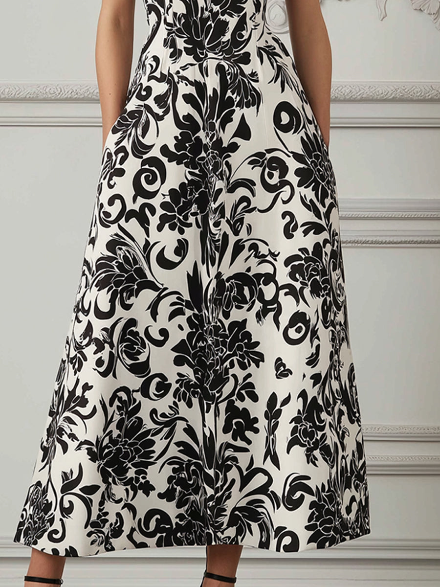 Black & White Baroque Floral Print Square Neck A-Line Midi Dress