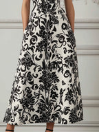 Black & White Baroque Floral Print Square Neck A-Line Midi Dress