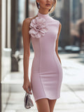 Modern Pink Stretch Dress With 3D Floral Accent