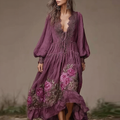 Vintage Purple Rose Design Summer V-neck Long-sleeved Linen Dress