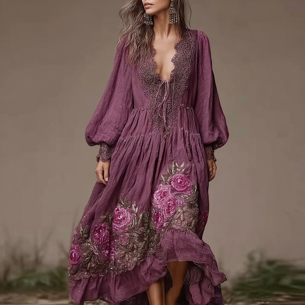 Vintage Purple Rose Design Summer V-neck Long-sleeved Linen Dress