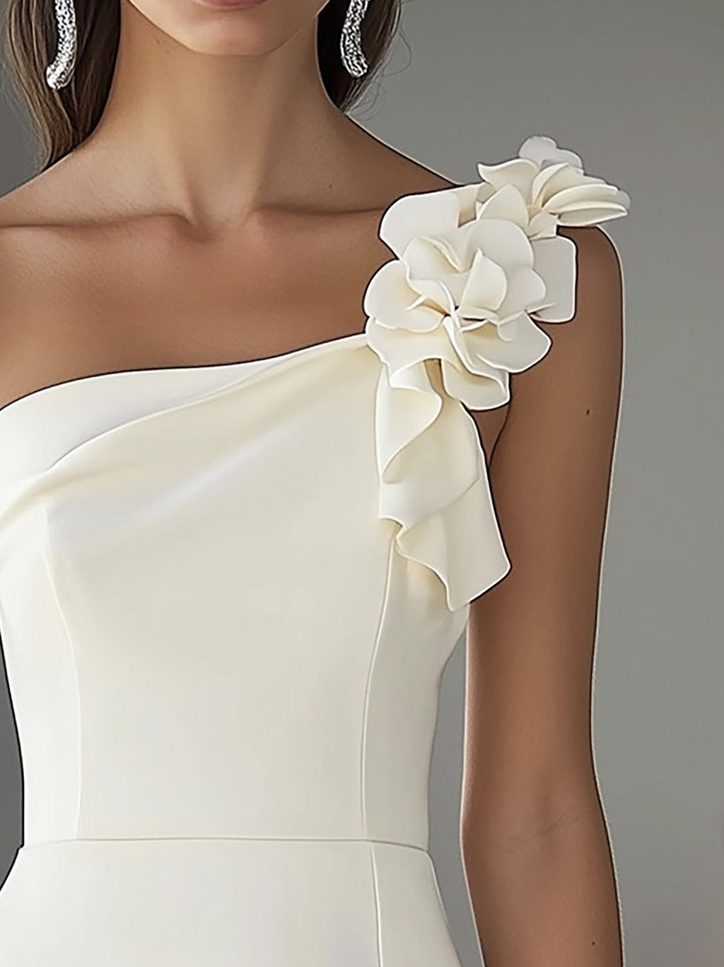 White Satin Dress with Shoulder Flower Detail