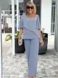 2Pcs Half-sleeve Beaded Top and Trouser Set
