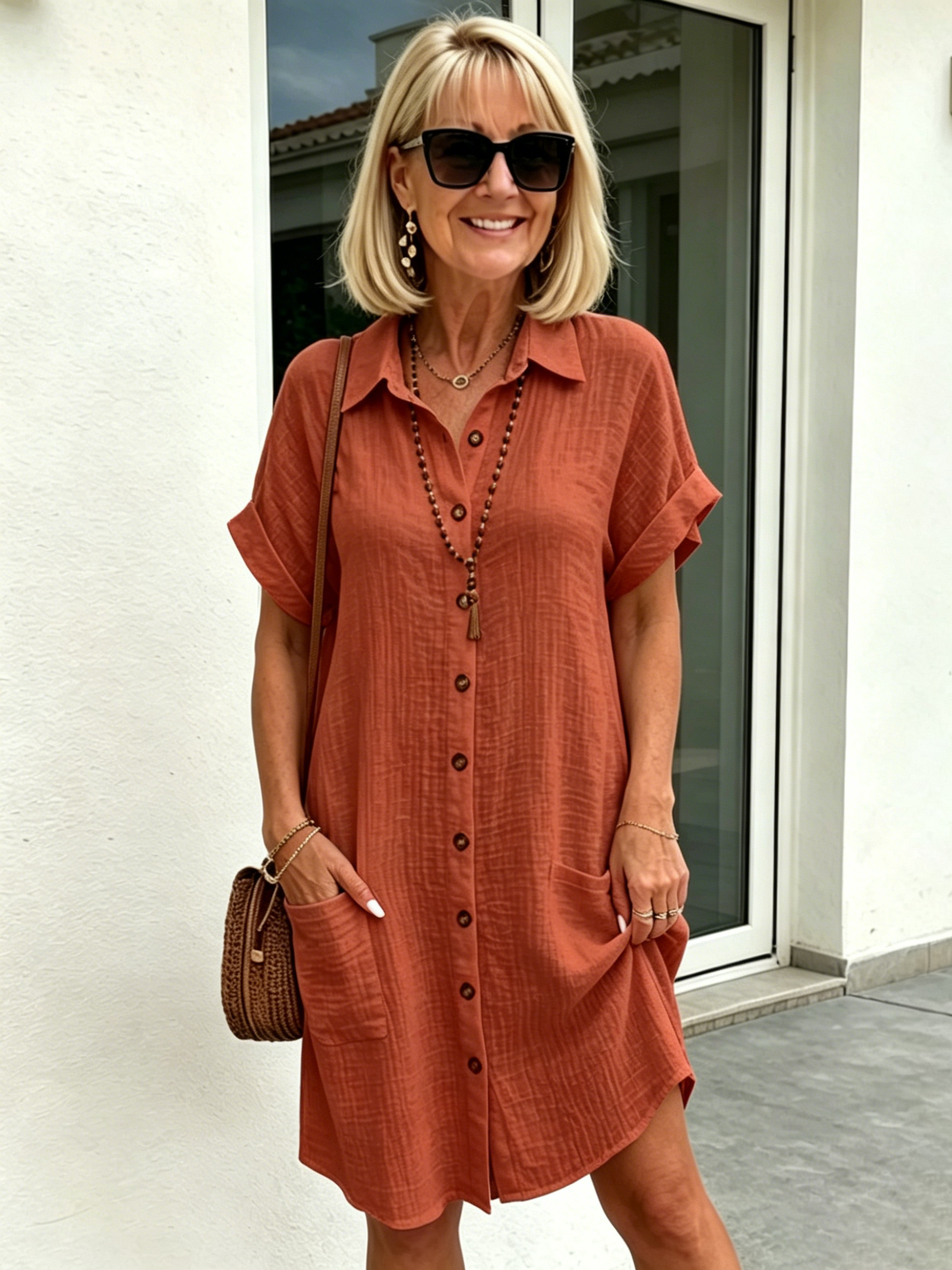 Solid Color Shirt Dress Simple, Made of Breathable, Featuring a Lapel Collar and Orderly Button Arrangement That Adds a Vintage Charm