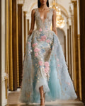 Women's V Neck Mesh Embroidery Dress