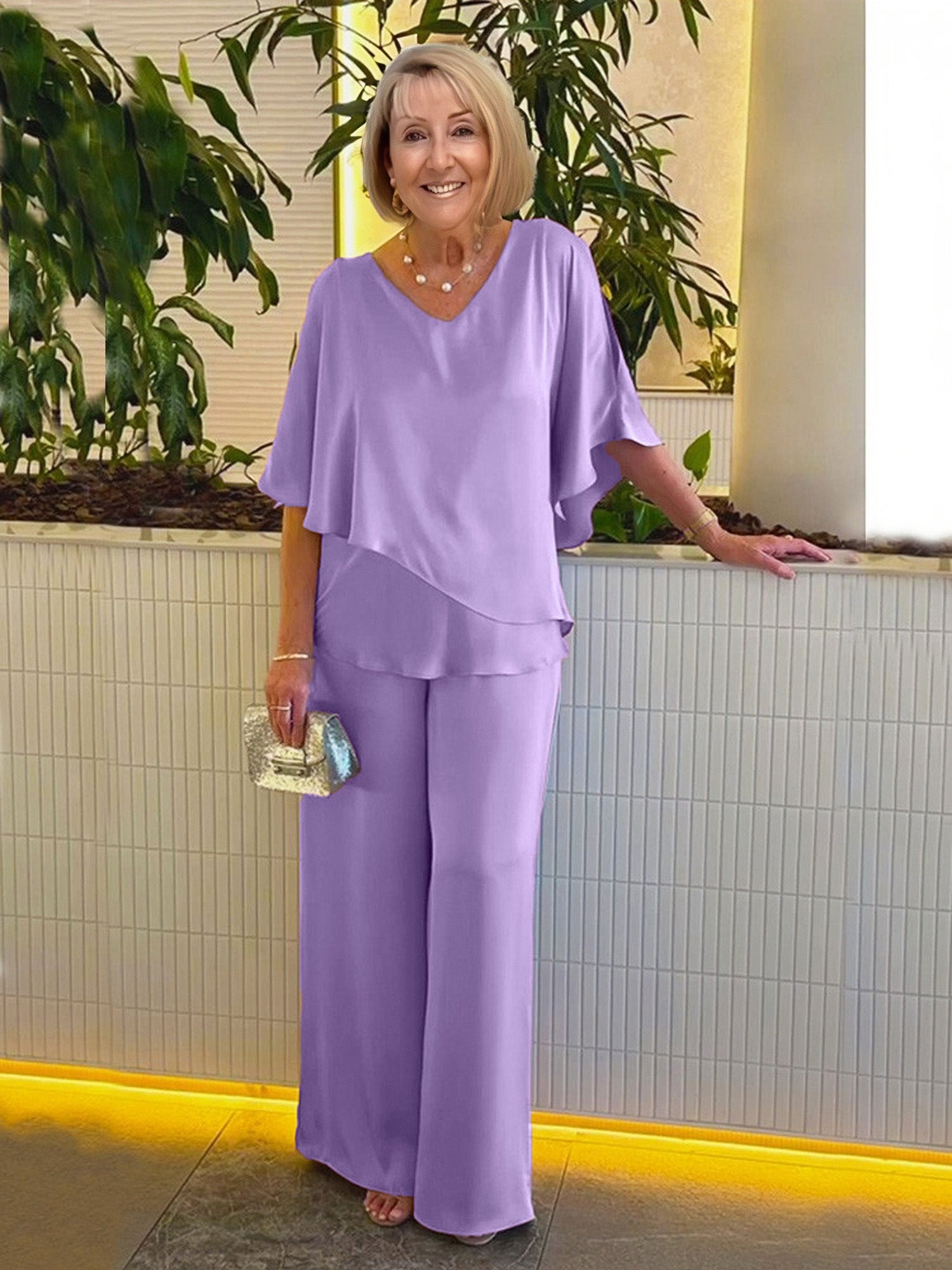 2Pcs Gray Double Layer Tunic Pantsuit