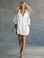 Casual Western Lapel Front Buttons Mesh Sleeves White Denim Mini Dress