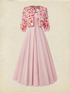 Maxi Cotton Dress Set, Half Sleeve, Round Neck, Floral, Pocket Design, French Vintage, Light Pink