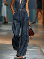 [24-hour shipping out]V-Neck Casual Retro Sleeveless Wide-Leg Denim Jumpsuit