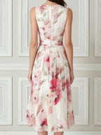 Draped V-Neck Floral Flowing Midi Dress