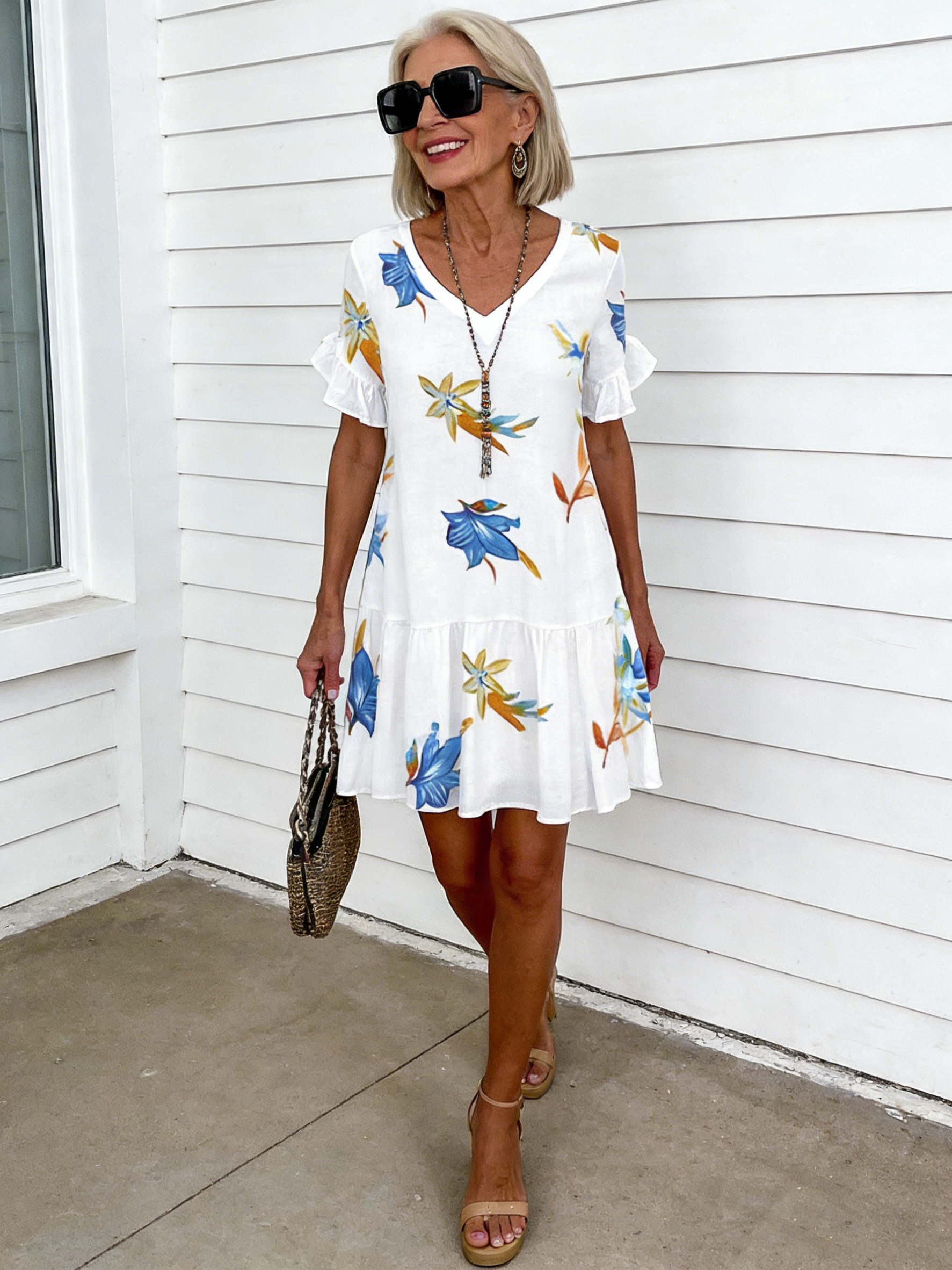 Fashion Short Printed Lotus Leaf Edge Pocket Dress Women