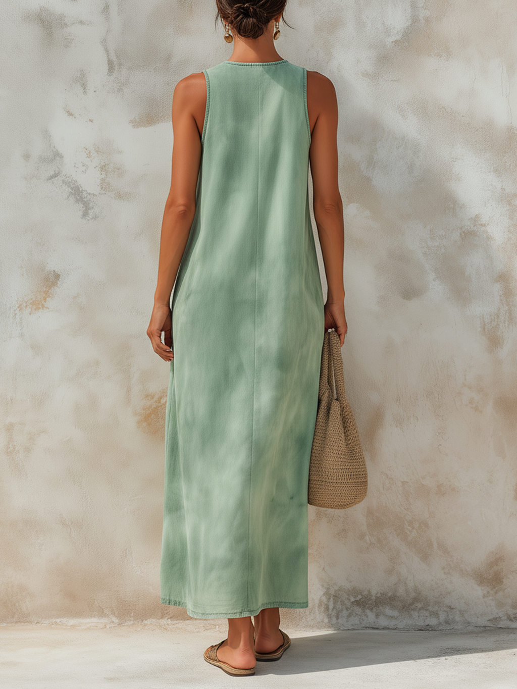 Washed Green Tencel Denim Sleeveless Maxi Dress
