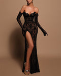 Women' Black Strap Top Slit Lace Dress - 01