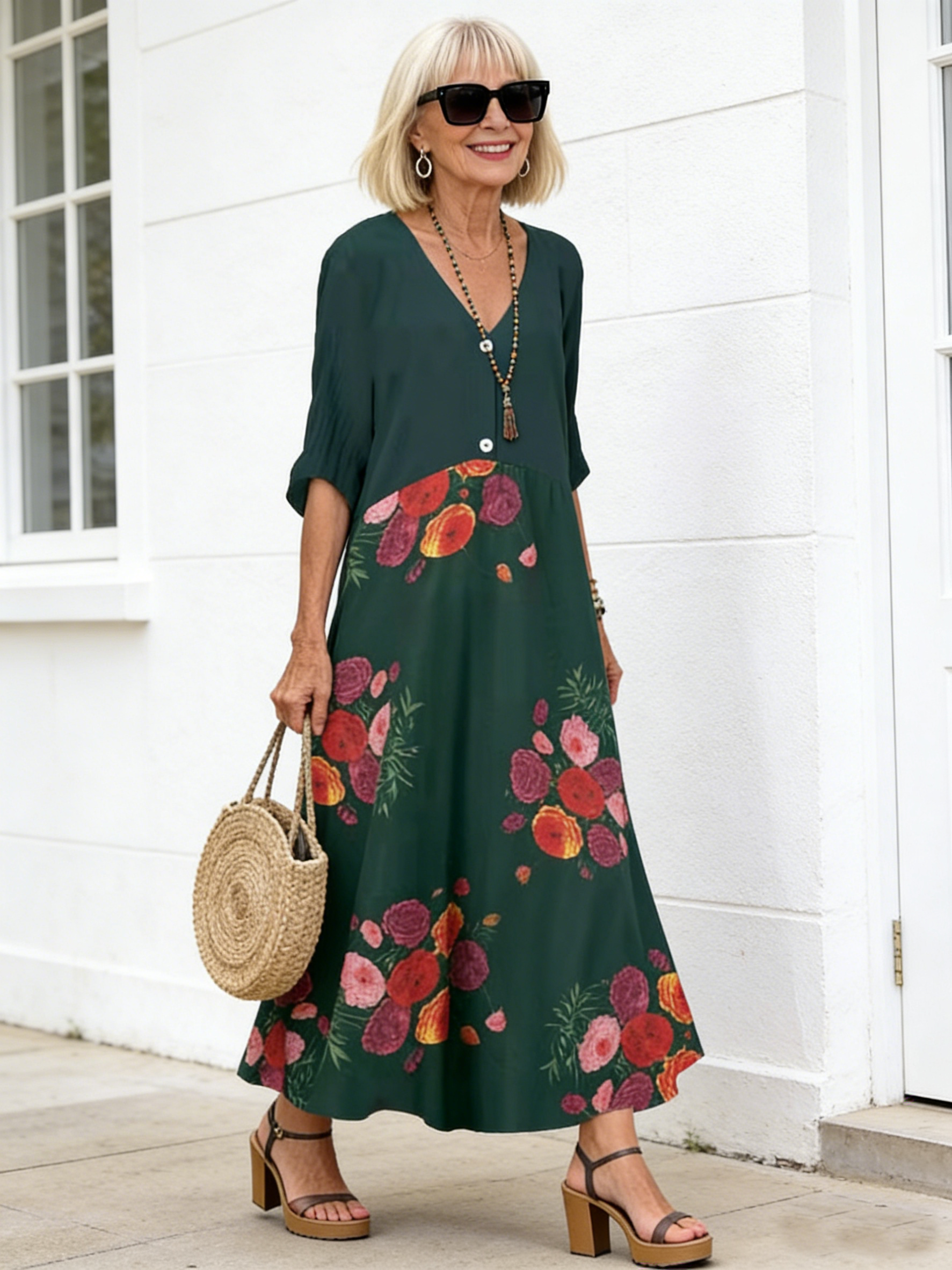 V-Neck Short Sleeve Printed Long Dress Button Casual Dress