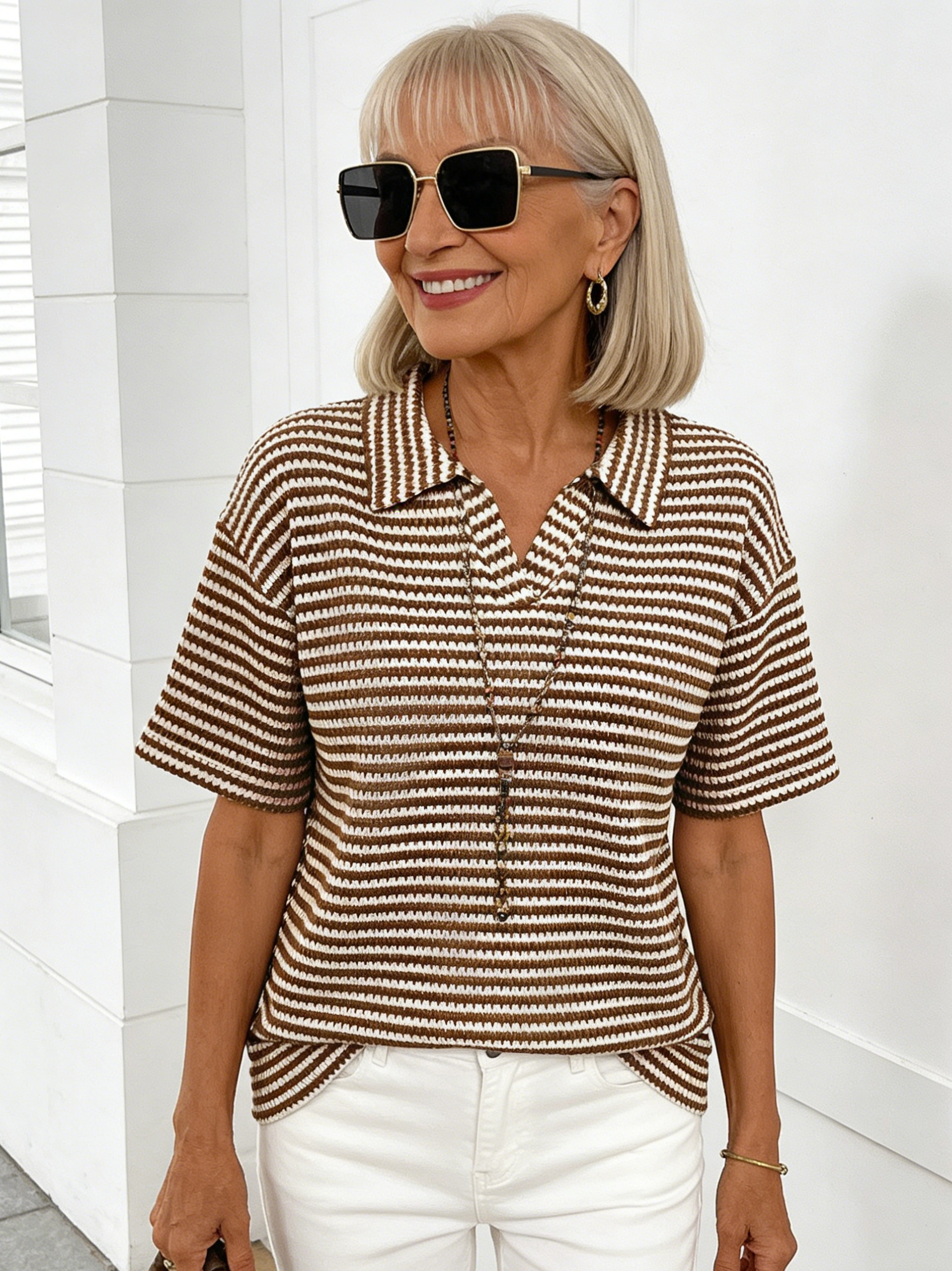 Textured Fabric Lapel Solid Color Knitted Pullover Loose Short Sleeve T-Shirt