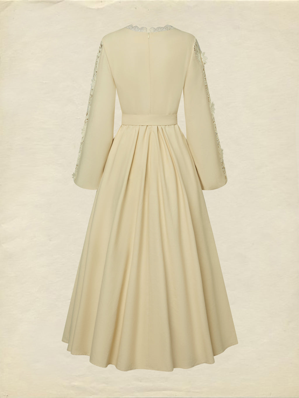 Midi Linen Dress, Long Sleeves, Plain, Lace, French Vintage, Apricot