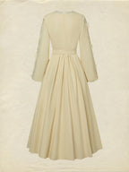 Midi Linen Dress, Long Sleeves, Plain, Lace, French Vintage, Apricot