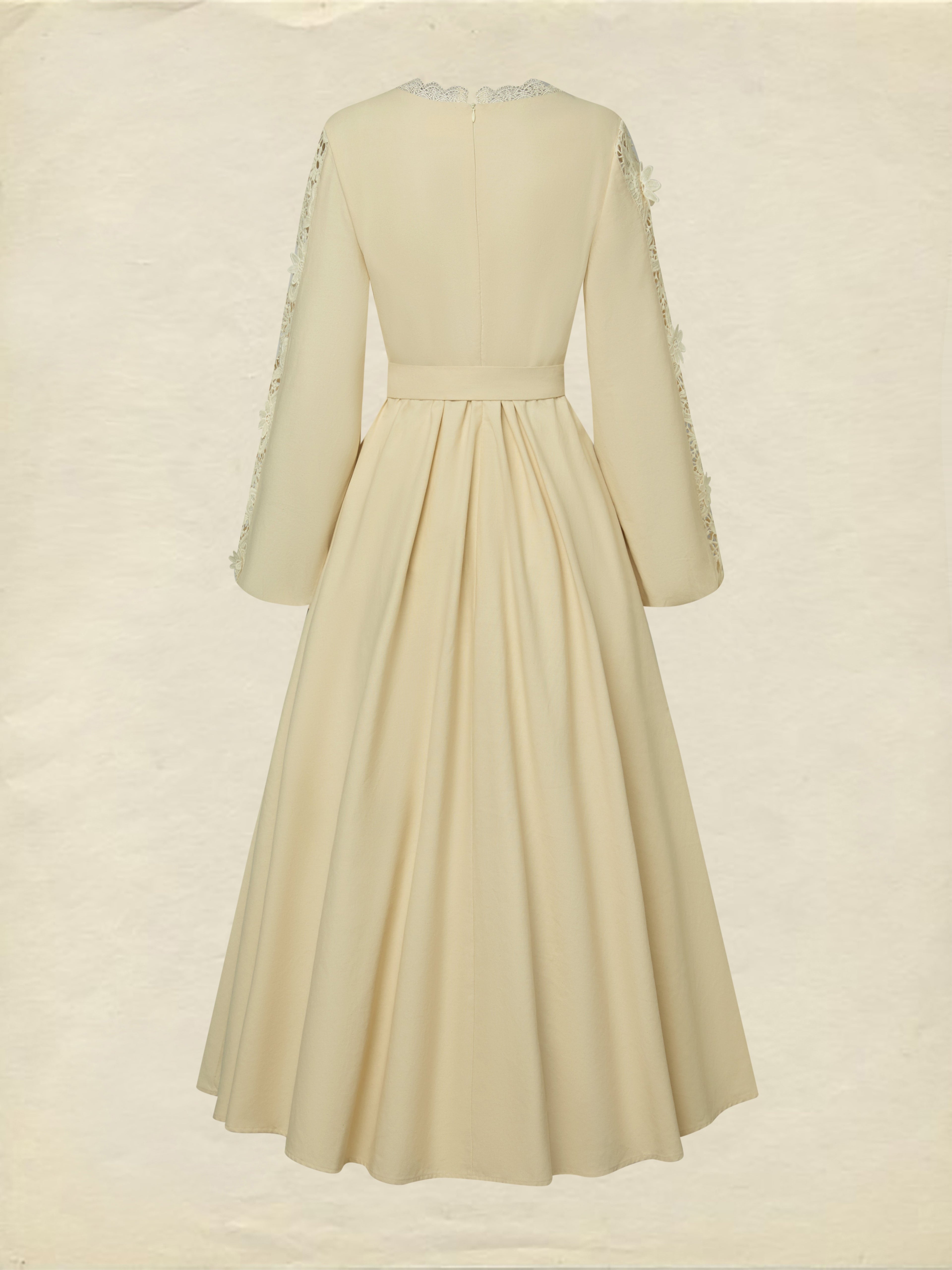 Midi Linen Dress, Long Sleeves, Plain, Lace, French Vintage, Apricot