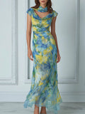 Elegant Draped Cowl Neck Blue Yellow Impressionist Print Dress
