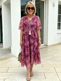 Purple Floral Mesh Chiffon Midi Dress, V-Neck Ruffle 3/4 Sleeve Waist Ruffle Loose Slimming Mom Dress