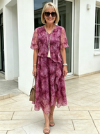 Purple Floral Mesh Chiffon Midi Dress, V-Neck Ruffle 3/4 Sleeve Waist Ruffle Loose Slimming Mom Dress
