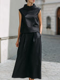 Linen-Blend High Neck Sleeveless Top & Maxi Skirt Two-Piece Set