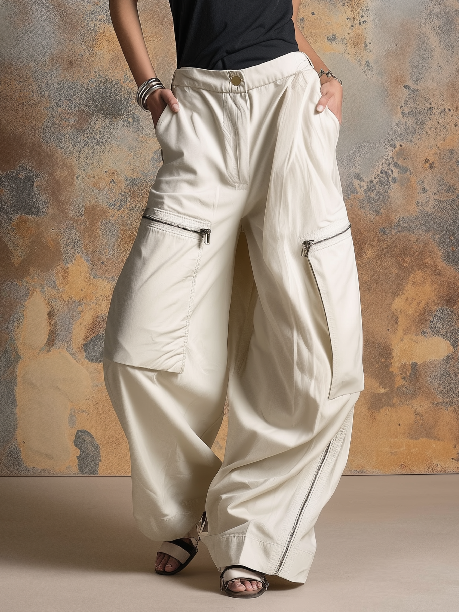 Oversized Zip-Detail Parachute Cargo Pants
