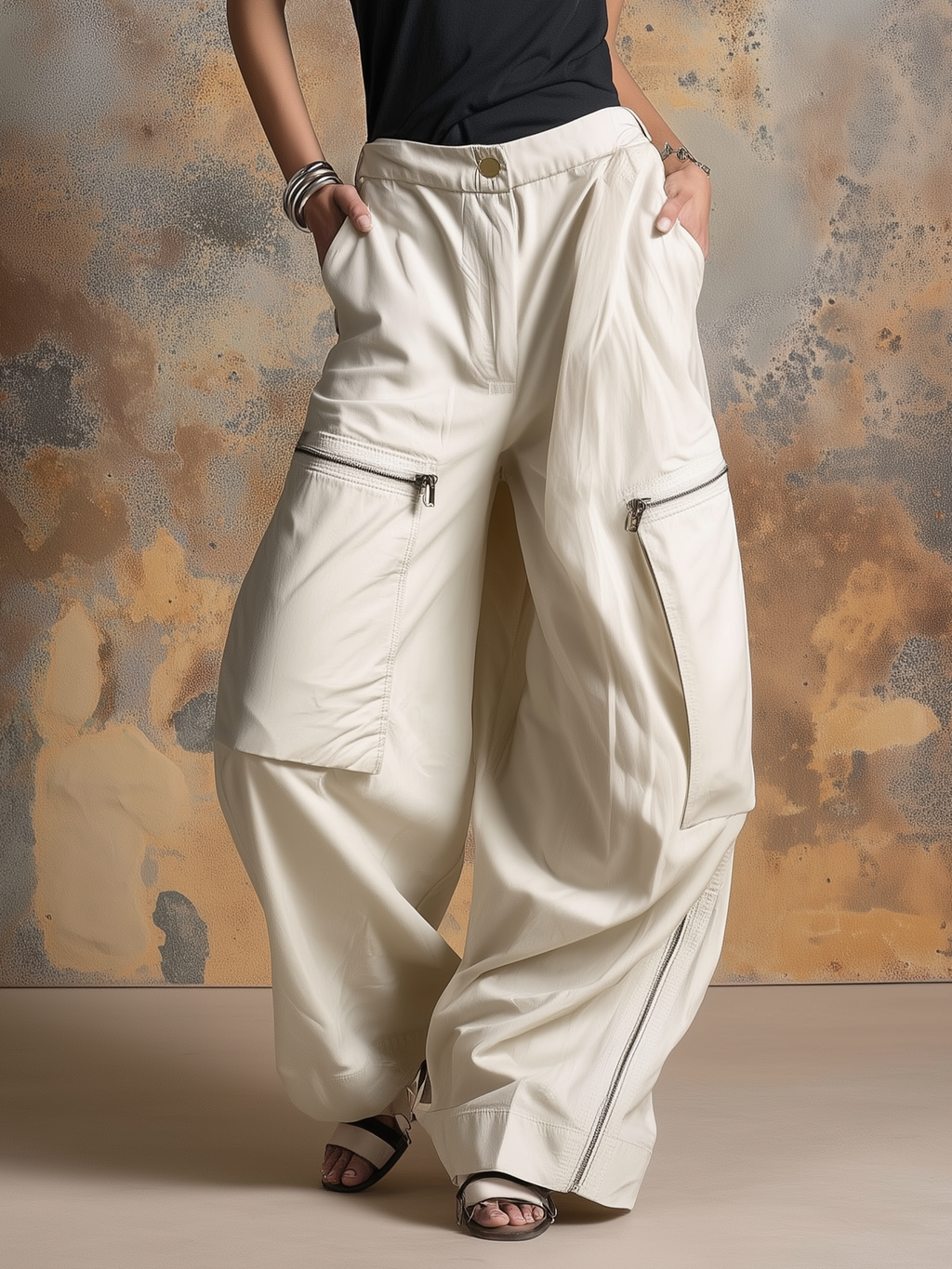 Oversized Zip-Detail Parachute Cargo Pants