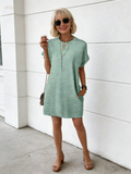 Cotton Loose Crew Neck Pocket Solid Color Short Sleeve Dress Women