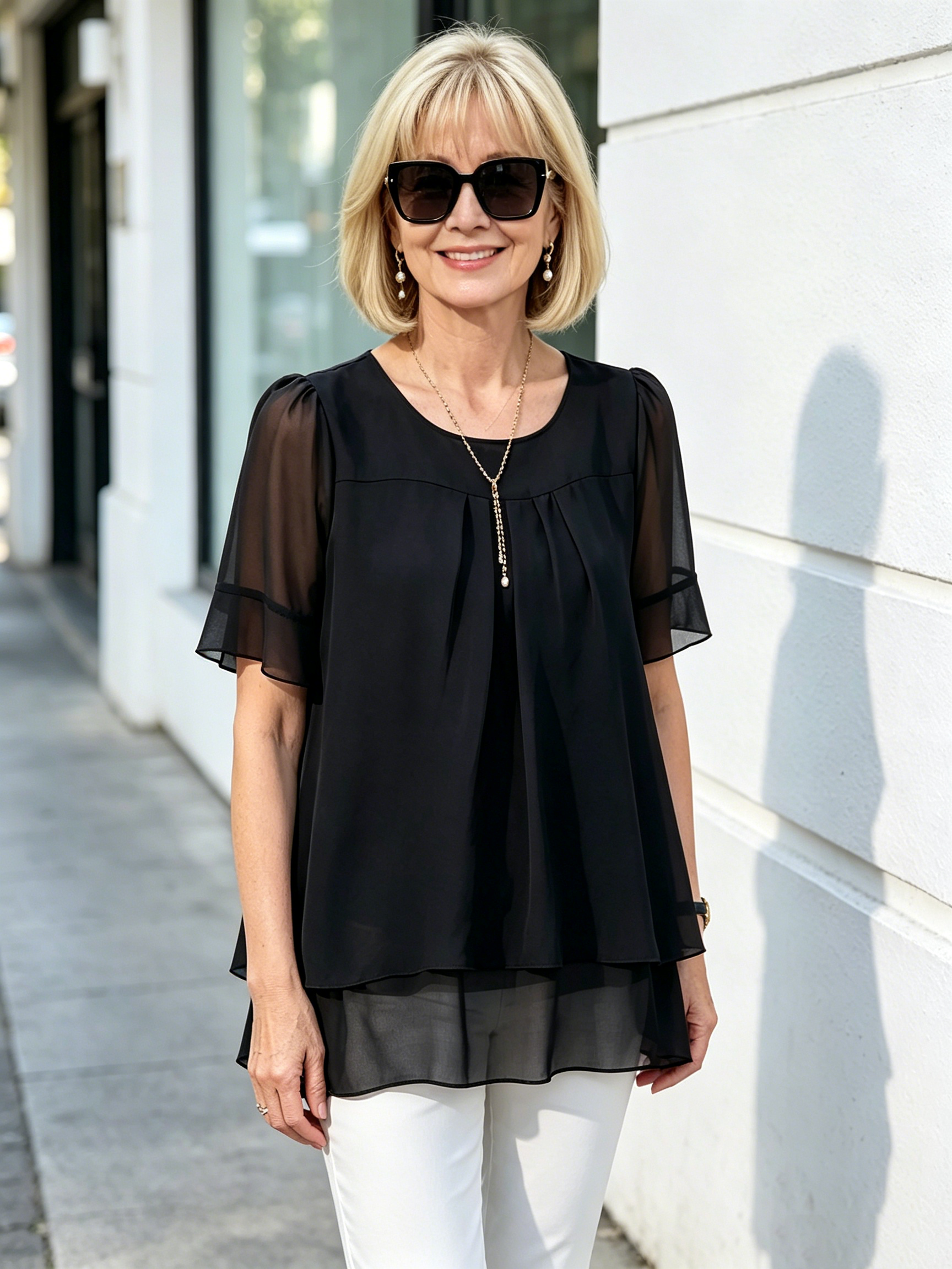 Pink Layered Chiffon Tunic Top, Round Neck Ruffle Short Sleeve Loose Tummy Concealing Blouse for Mature Women