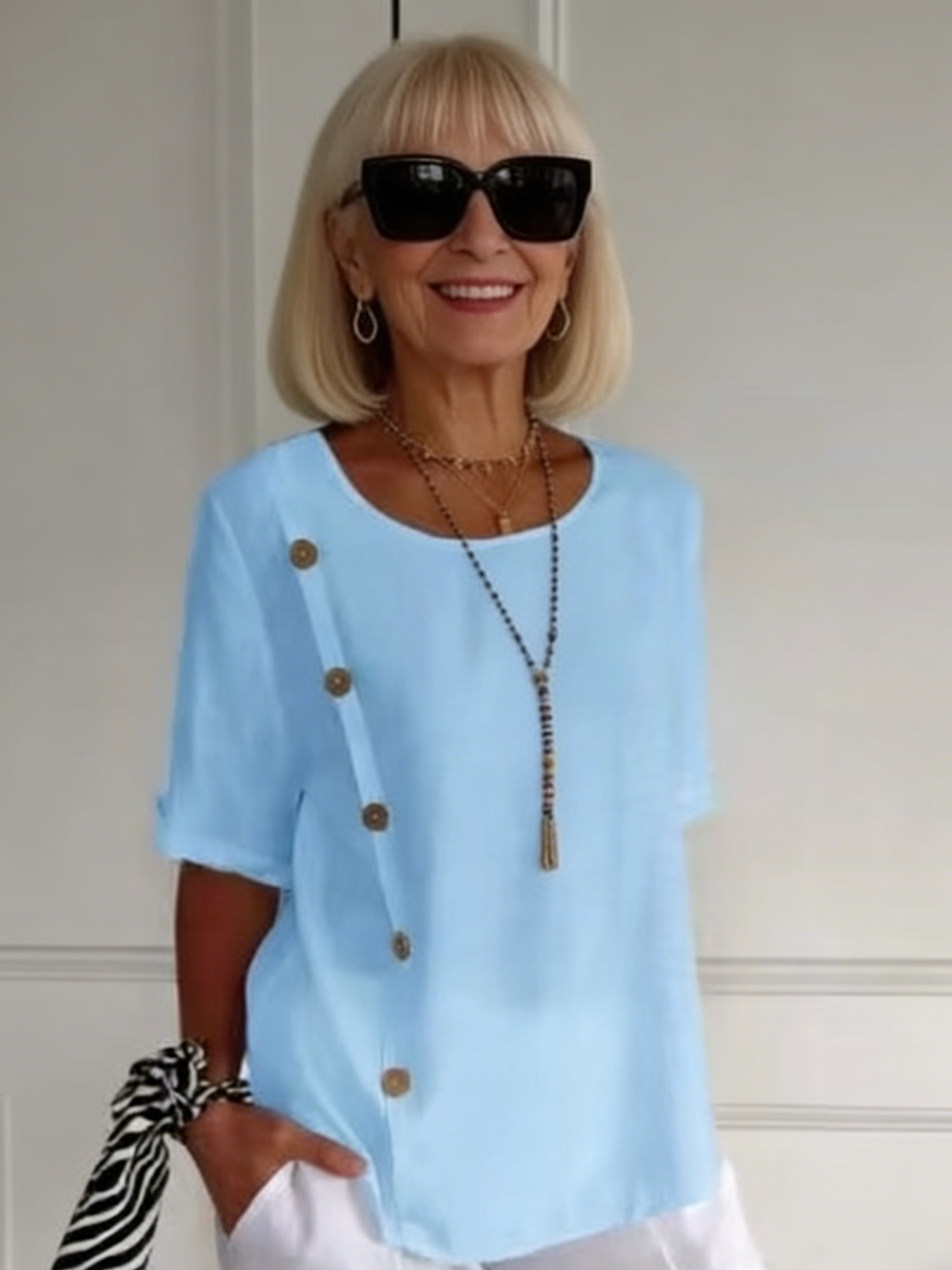 Vibrant Solid Color Chic Button Decor Blouse - Women's Vintage Half Sleeve Simple Blouse for Spring & Fall - Elegant Clothing for Ladies with Classic Style