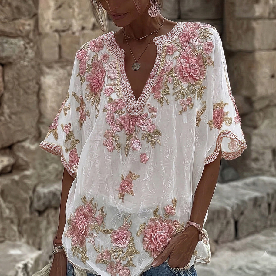 Women's Spring Floral Embroidered Art Print Flowy Linen Blend Casual Tops