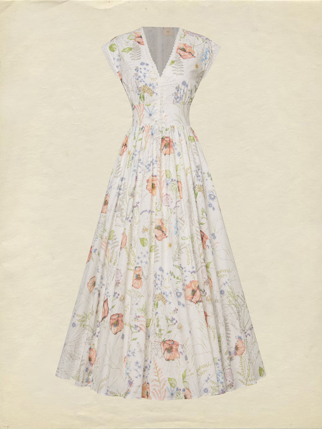 Maxi Cotton Dress, Cap Sleeves, V Neck, Floral, Lace, Vintage, Red