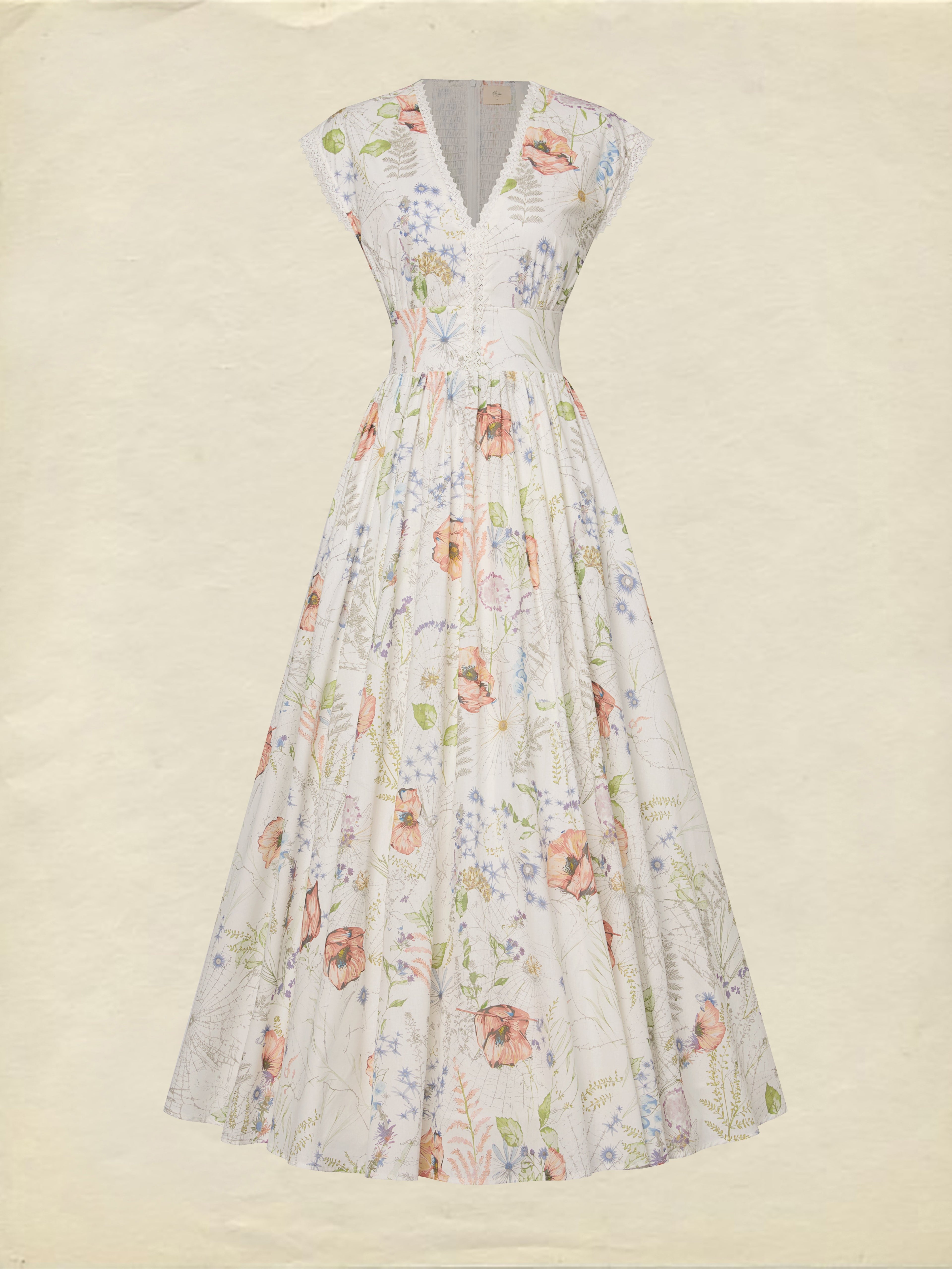 Maxi Cotton Dress, Cap Sleeves, V Neck, Floral, Lace, Vintage, Red
